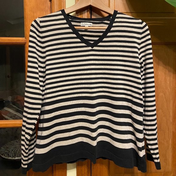 Croft & Barrow Long Sleeve black and cream Striped V-Neck Sweater, size L - Picture 2 of 5